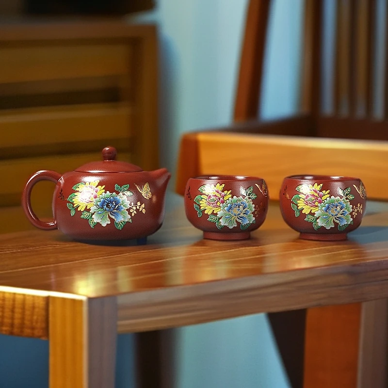 陶致原矿宜兴绿泥手工珐琅彩紫砂壶牡丹送礼长辈功夫茶壶