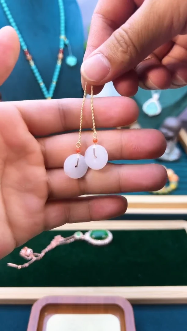 和田玉14K金镶嵌耳饰E136