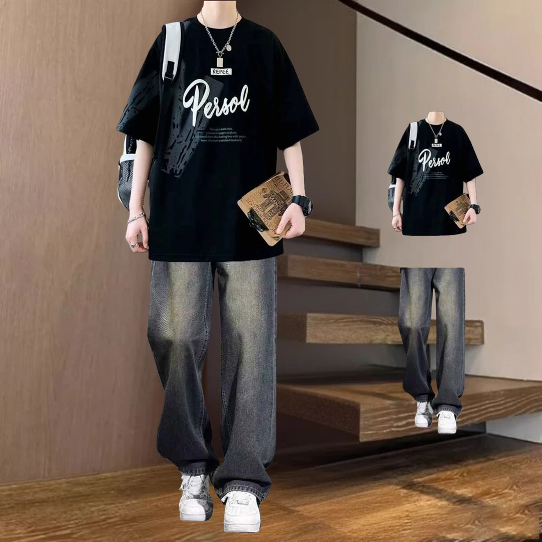 男生夏季纯棉短袖T恤港风圆领冰丝半袖上衣服青少年学生休闲套装