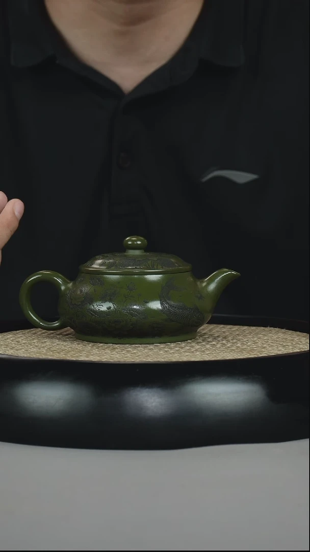 茶壶紫砂绿泥 明炉 刻绘山水