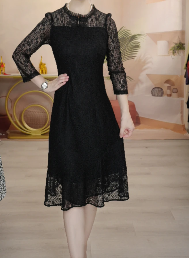 X0844 黑色连衣裙八分袖春季礼服轻职风圆领设计师蕾丝