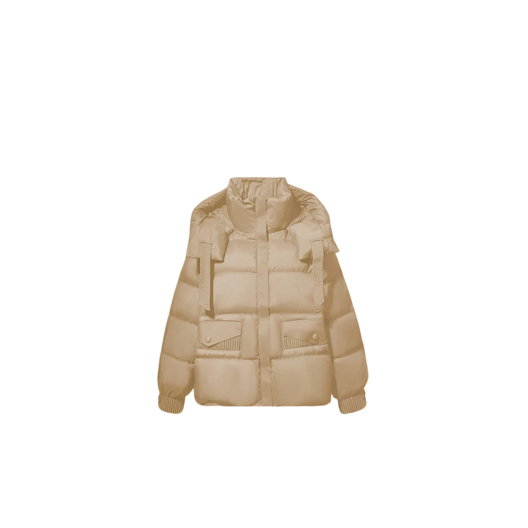 【崔万志年货节】冬季新款飘带连帽鸭绒女式保暖羽绒服-6005