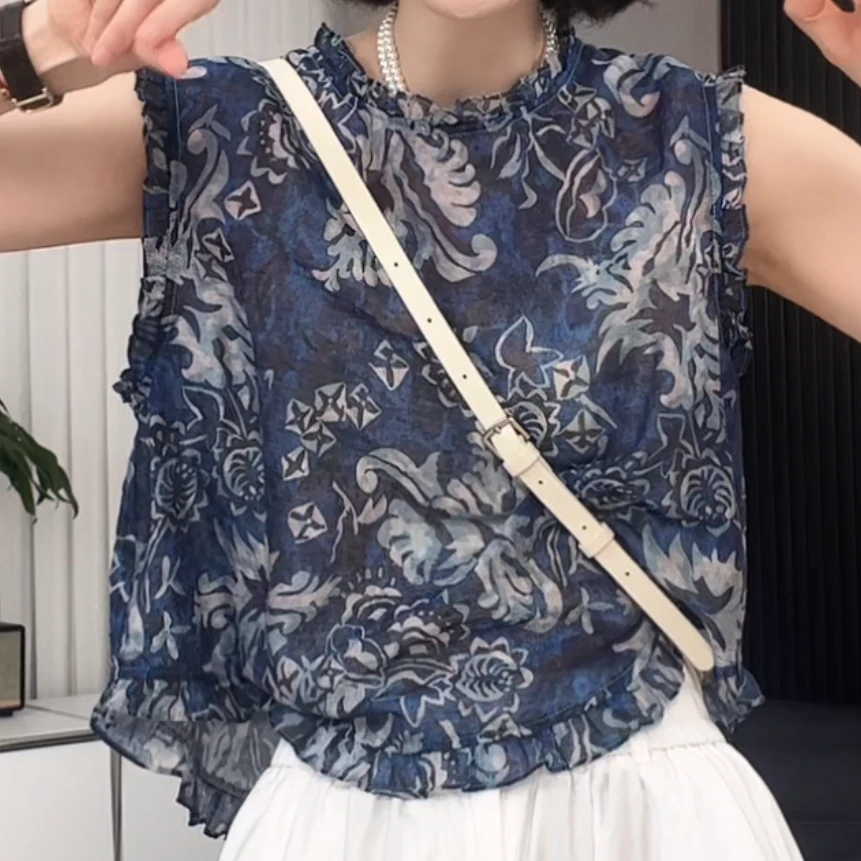 圆领木耳边拼接坎肩无袖背心花色衬衫女2025夏季新款宽松显瘦上衣