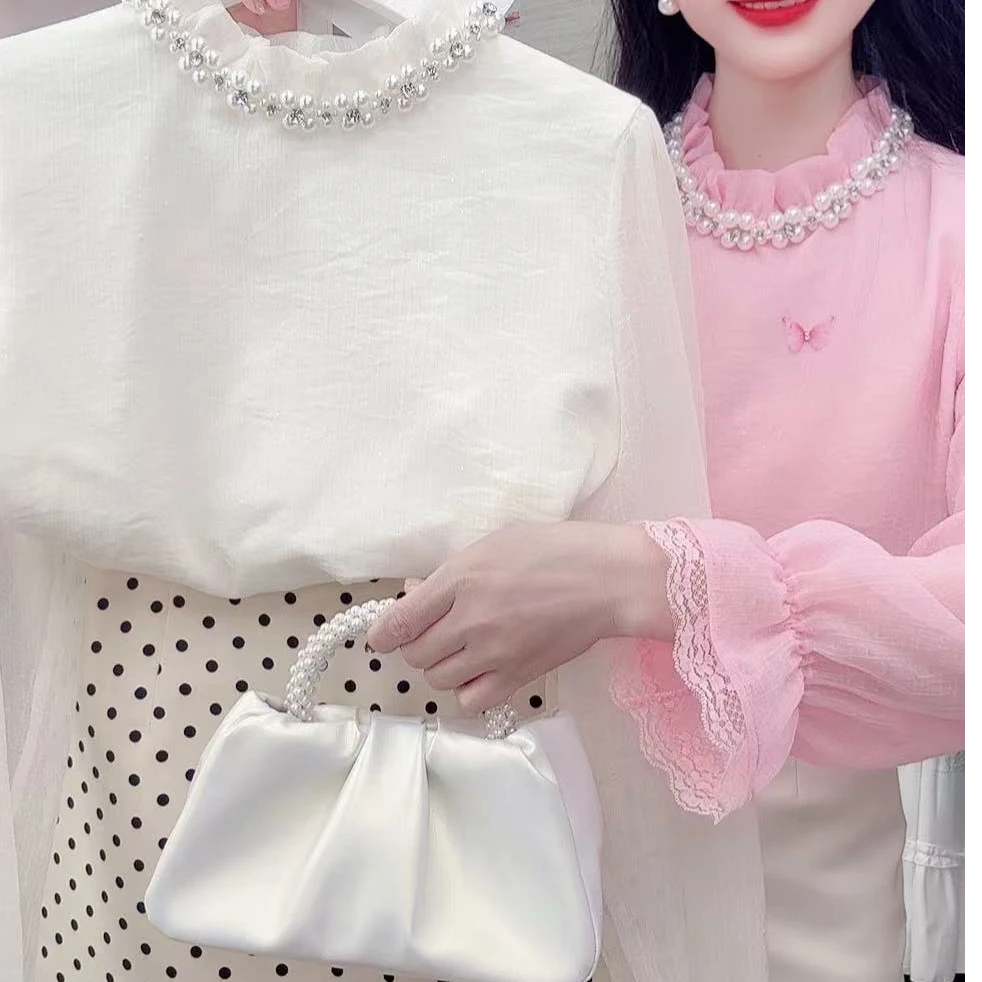 法式钉珠花朵雪纺衬衫女2024春季新款长袖洋气甜美小个子套装