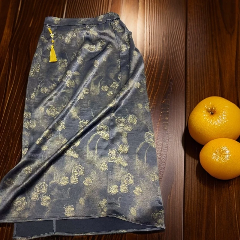 老钱风常规款半身裙水墨开叉夏季连衣裙网红长款气质提花