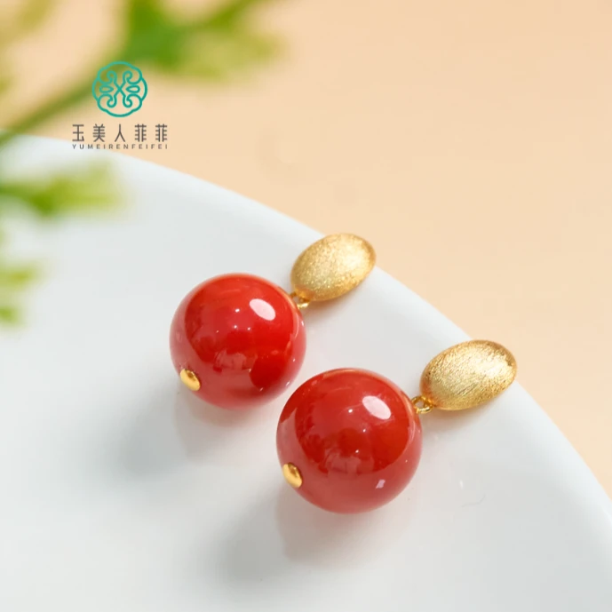 石惑珠宝~南红圆珠耳坠约13mm/多样性发一