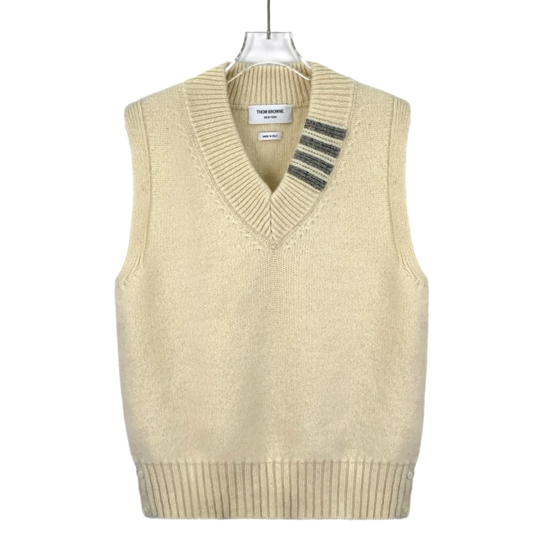 99新 THOMBROWNE IW0106 米色条纹羊毛V领无袖针织马甲背心 2码