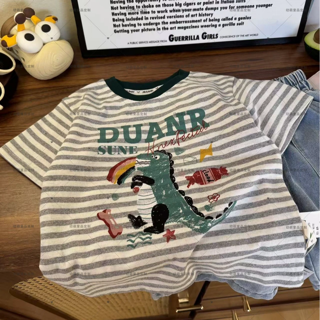 YM【JMJQ 25373】夏季中小童韩版亲肤色织条纹恐龙印花圆领短袖