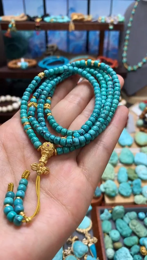 银S925镶嵌绿松石颈饰玉化料网花 直切长串