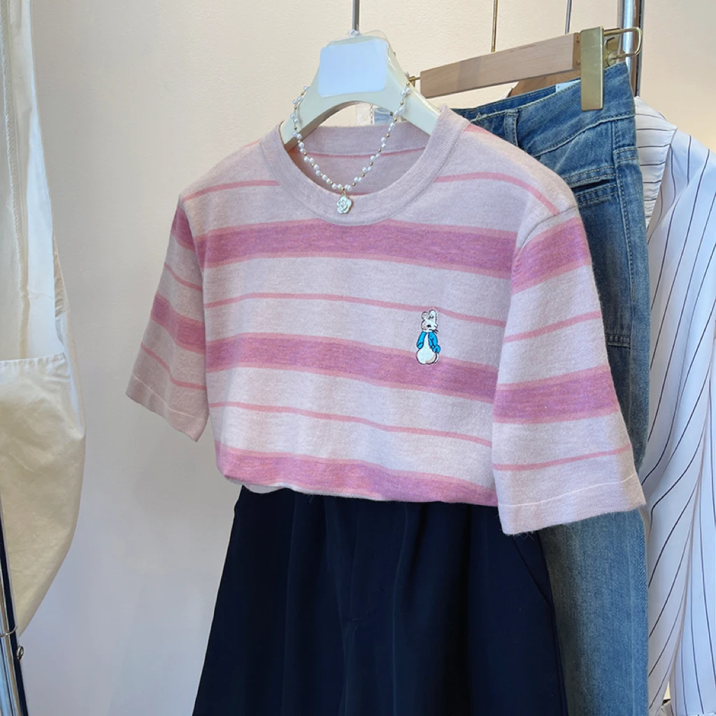 【13】薄款短袖夏季条纹圆领针织衫欧若风设计感时尚粉色条纹小众