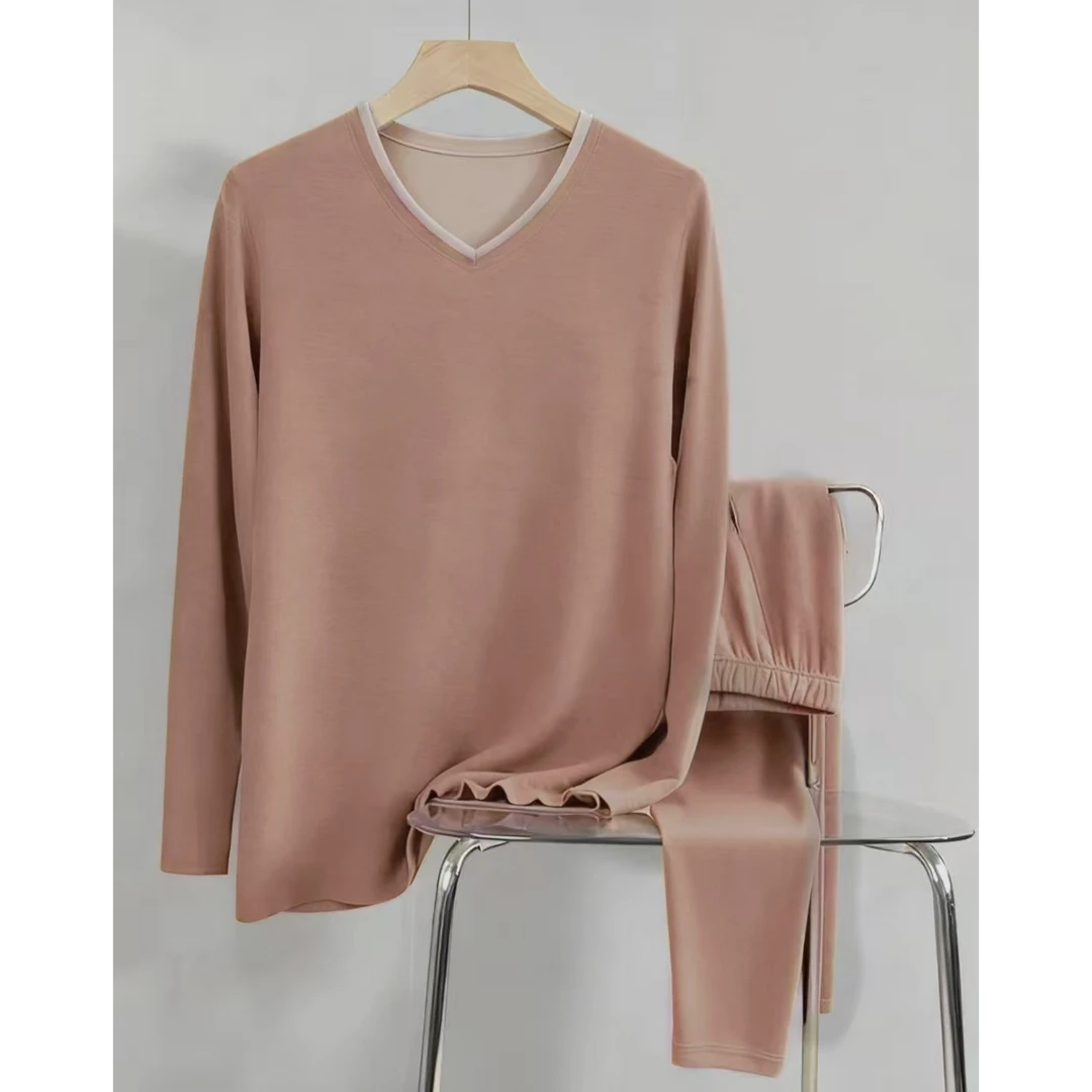 9171-男士双层复合AB面V领德绒保暖套装（椰棕咖）