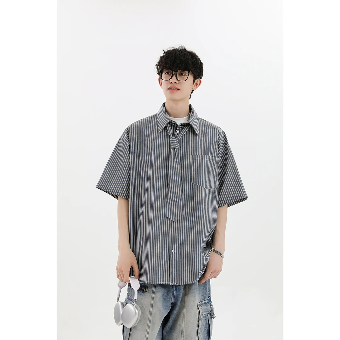 MAODALAI新款夏季小众设计感男竖条纹领带衬衫短袖学院风百搭上衣