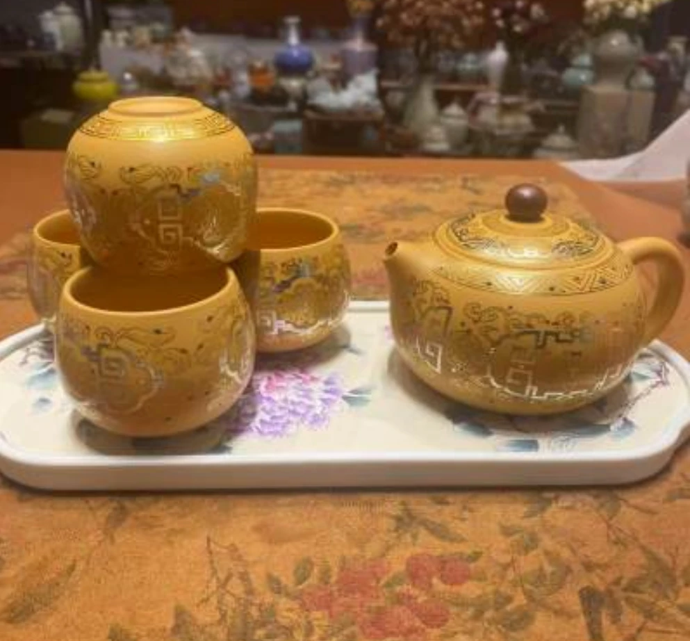 扬名 黄段泥缠枝莲西施壶一壶四杯+盘 2987