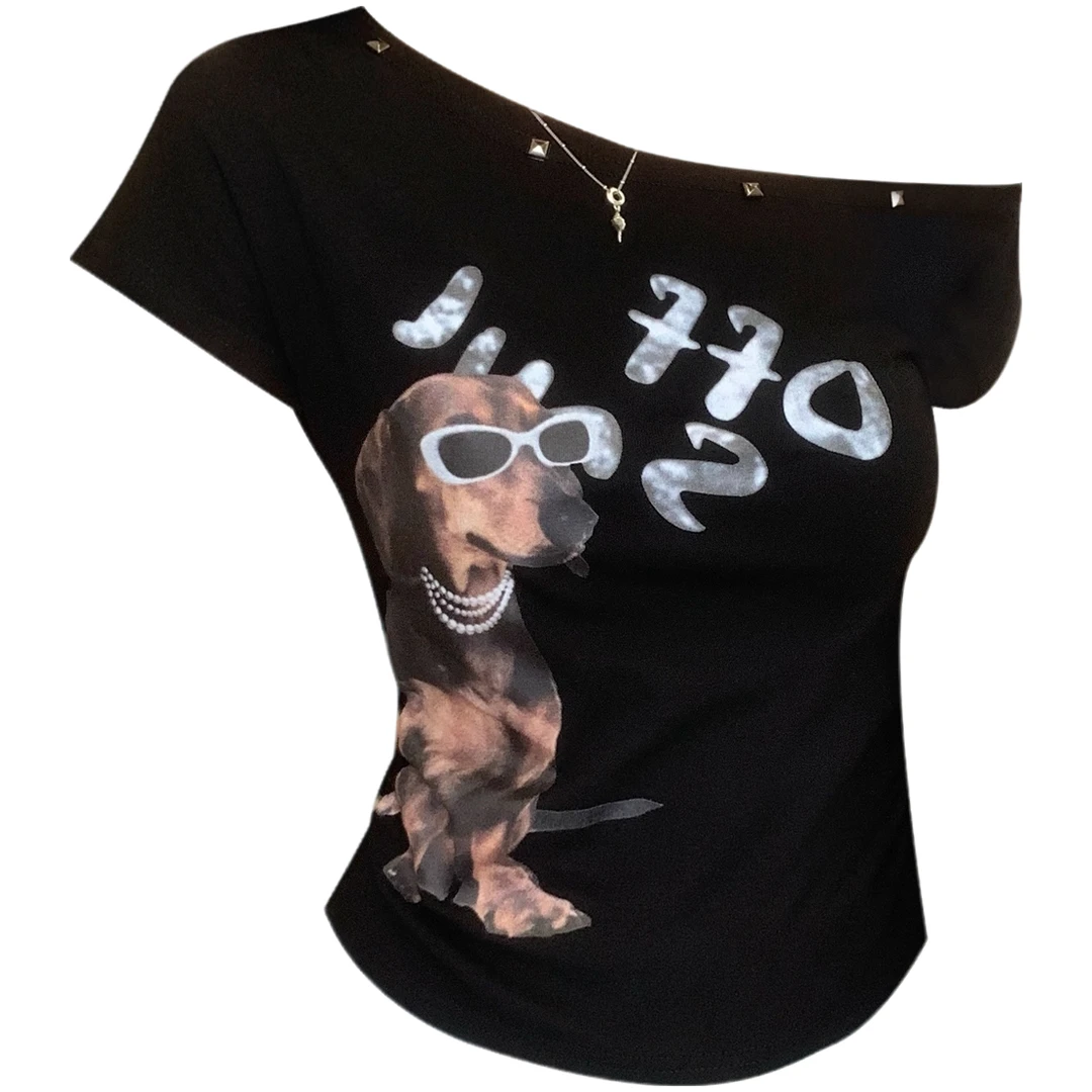 胖mm美式辣妹小狗印花铆钉露肩短袖T恤修身显瘦褶皱上衣