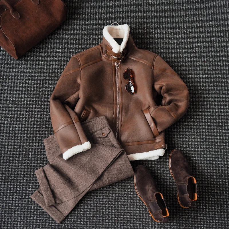 CssuGent 冬季厚款皮毛一体夹克男时尚复古保暖休闲羊羔毛外套潮