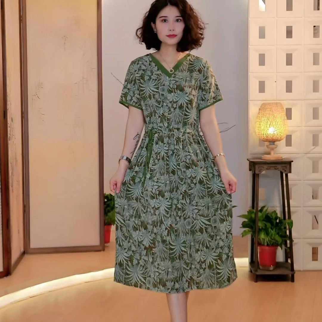 收腰V领椰树印花连衣裙B2-60