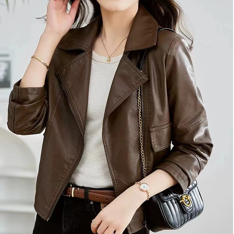 短款极简风薄款春秋百搭韩版时尚拉链修身翻领休闲柔性皮衣922