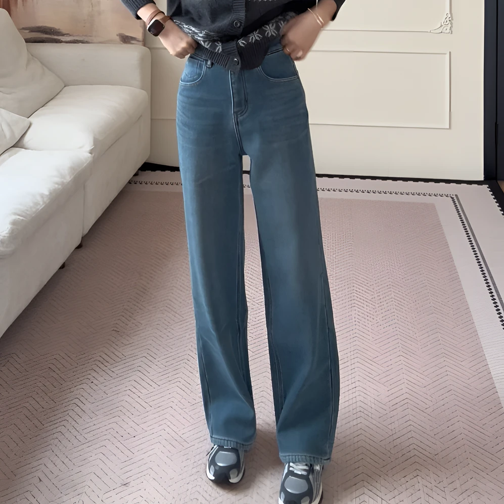 【YHH】冬季韩版时尚显瘦厚绒保暖窄版阔腿牛仔长裤-YHK50481