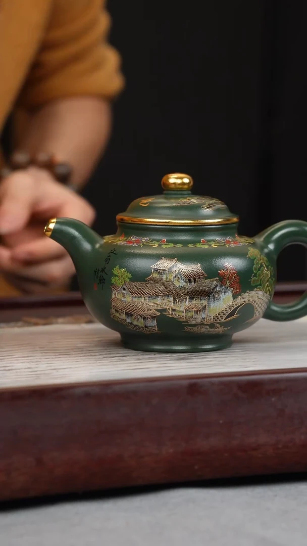 【闪购商品】紫砂茶壶绿泥 掇只 忆江南珐琅彩