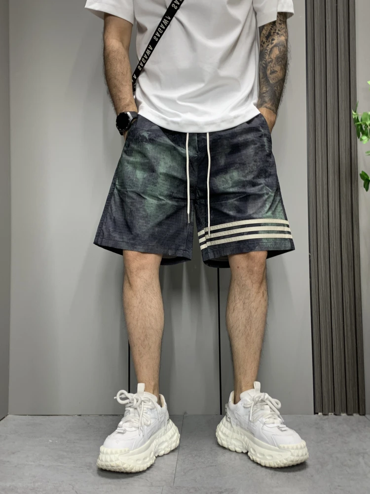 夏季薄款欧若风美式扎染印花三条杠薄款时尚潮流五分休闲运动短裤