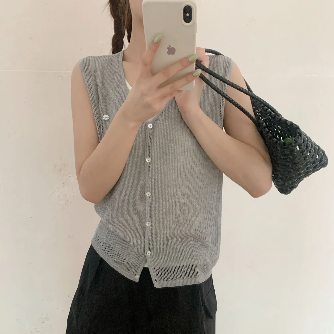 【素简.830119】夏款上新天爽亚麻拼接领背心显瘦女装设计款针织衫