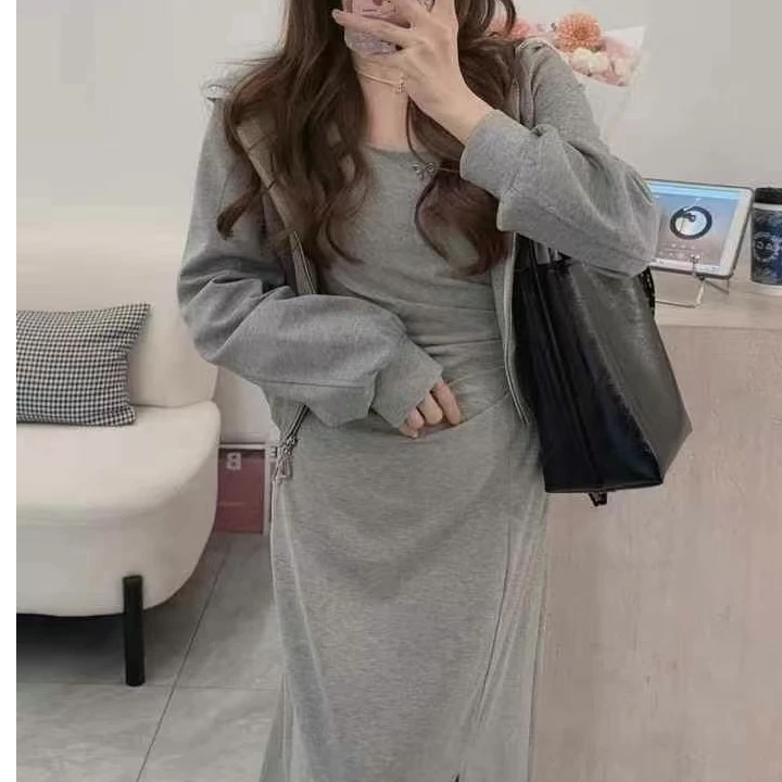 ouran 春款G1150显瘦百搭褶皱连衣裙两件套套装