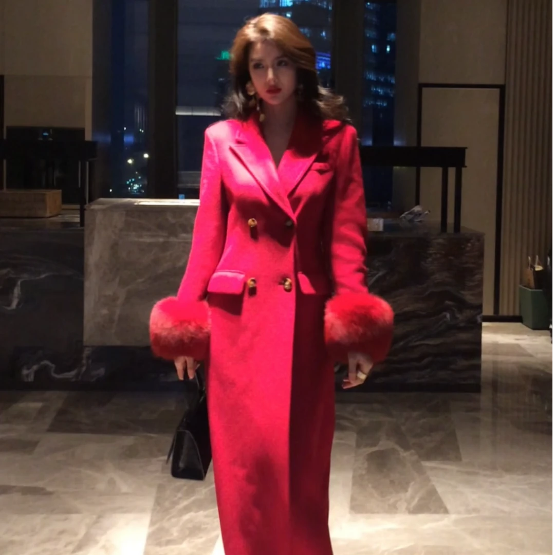 【压轴出场】高级感修身长款h狸袖红色大衣高贵气质大衣外套-010