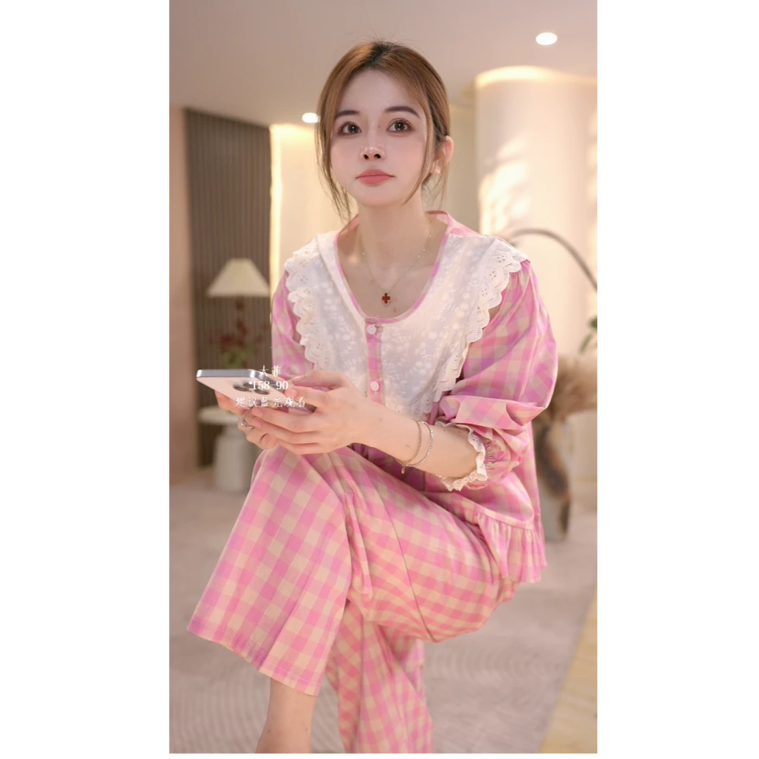 大菲【柏林小梵】韩系春秋甜美蕾丝勾花家居睡衣套装