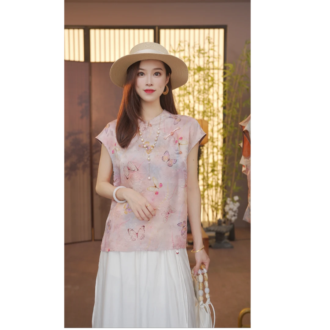 CJ 【花丛】新中式2025夏季气质百搭提花短袖上衣女YY25071201