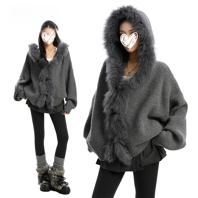 外套女灰色毛领拼接连帽毛衣秋冬宽松慵懒风气质长袖针织开衫上衣