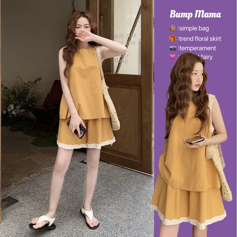 孕妇装夏季套装2025新款宽松橘色薄款小个子无袖上衣短裤两件套潮