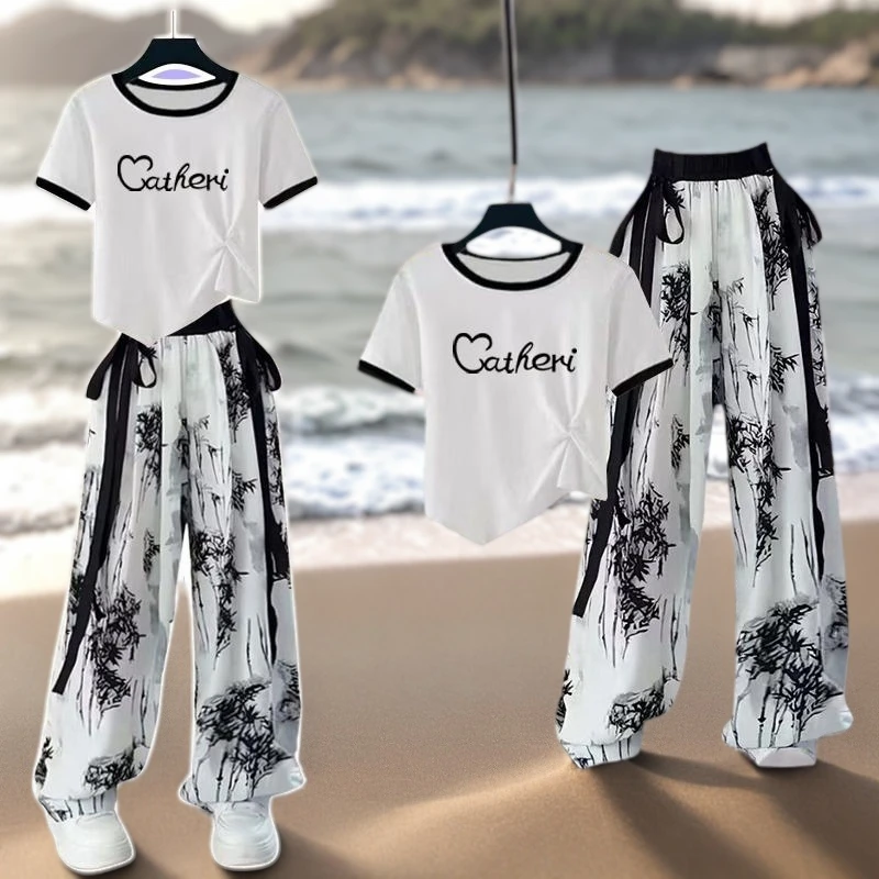 女童新中式国风冰丝套装水墨画阔腿裤时尚超仙古风中大童两件套潮