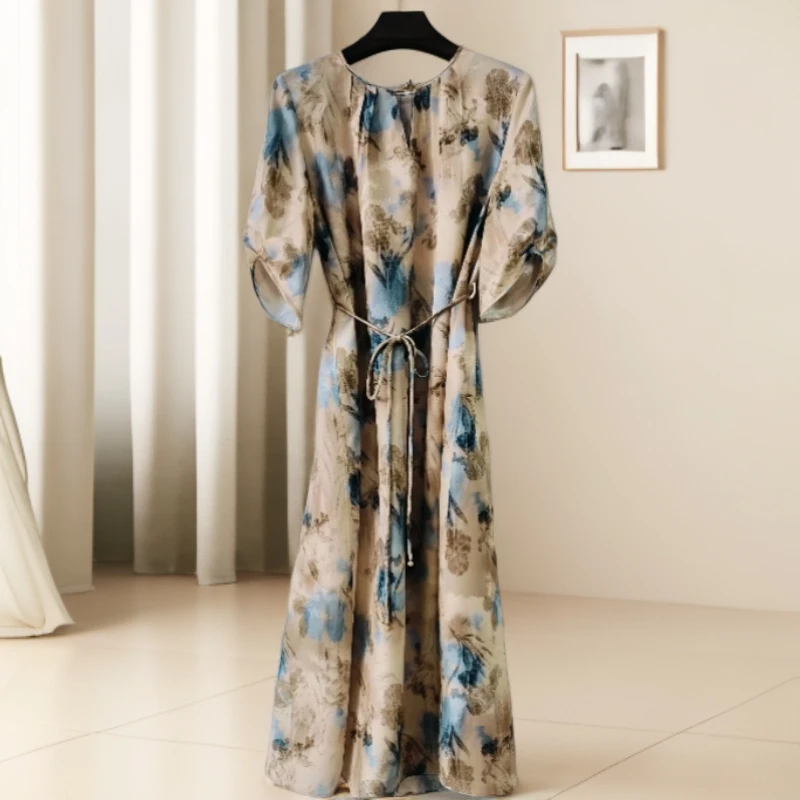 【木木】中长裙常规袖印花复古烧花连衣裙L7102