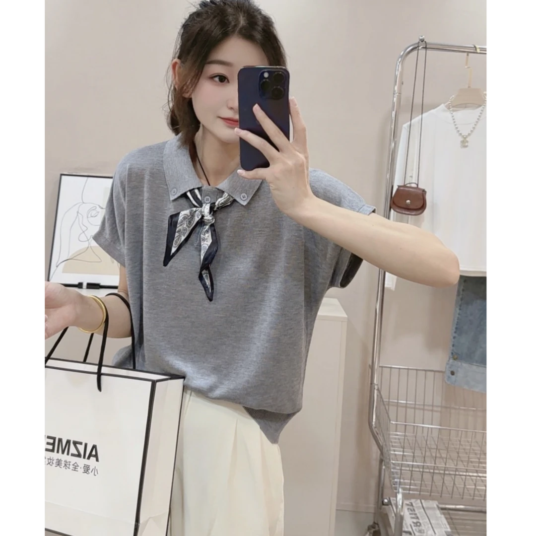 100莱赛尔天丝～慵懒显瘦落肩袖丝巾系带设计感Polo领女针织衫