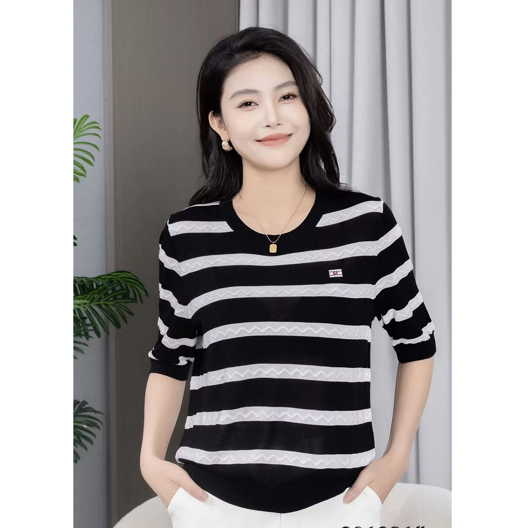 天丝针织衫春夏季条纹新款气质显瘦上衣圆领长袖百搭打底衫时尚