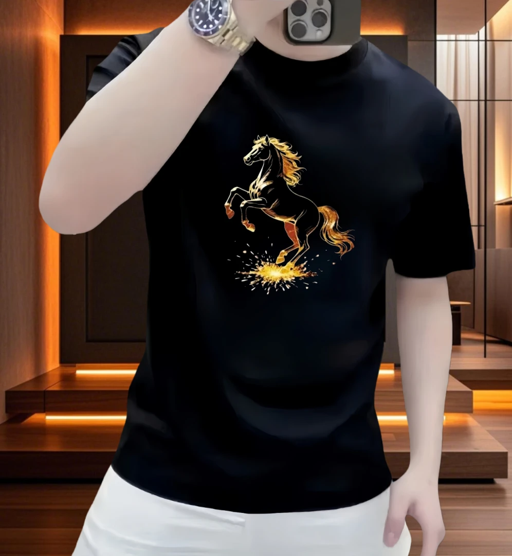 2026马年爆款丝光棉骏马印花短袖T恤男士本命年红色高级感T恤上衣