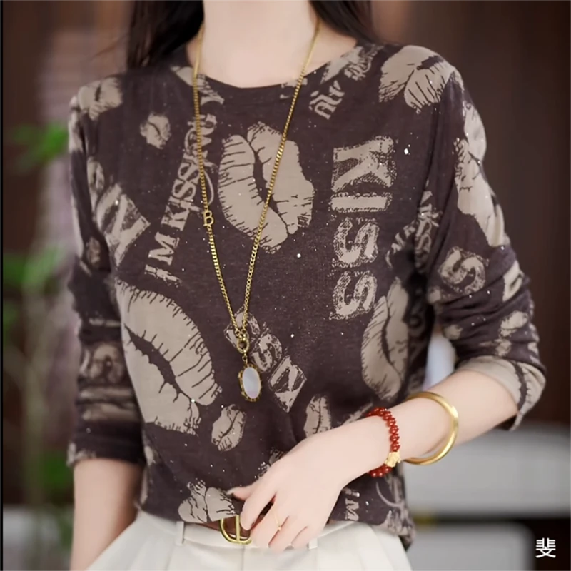 秋冬季新款时尚气质圆领印花长袖上衣洋气宽松遮肉显瘦百搭打底衫