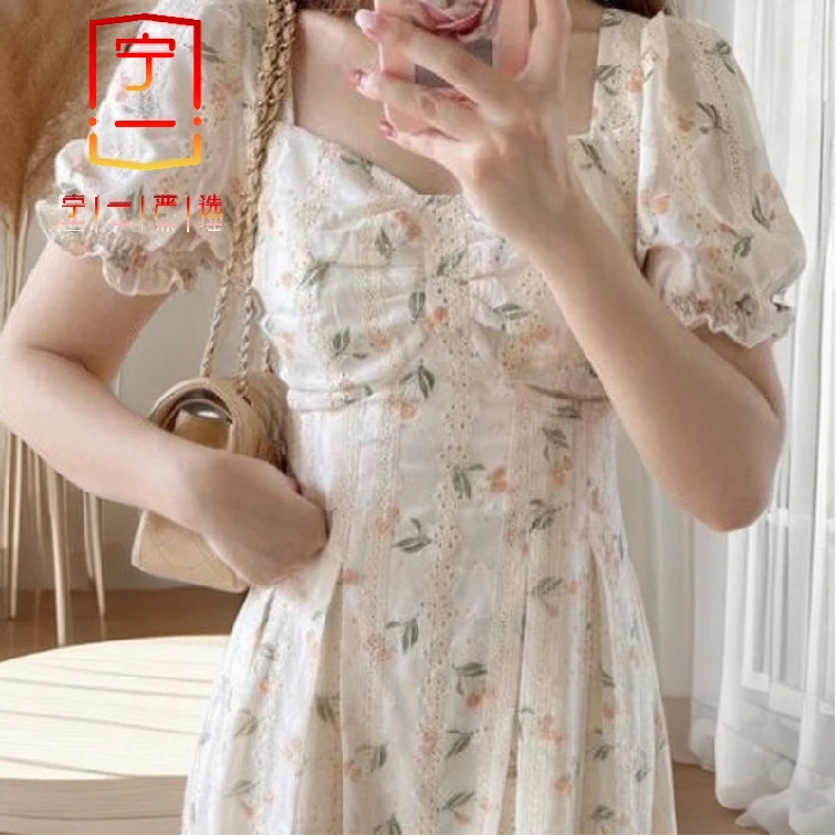 【 宁一女装】 时尚洋气夏新款重工印花气质流行甜美雪纺碎花连衣裙