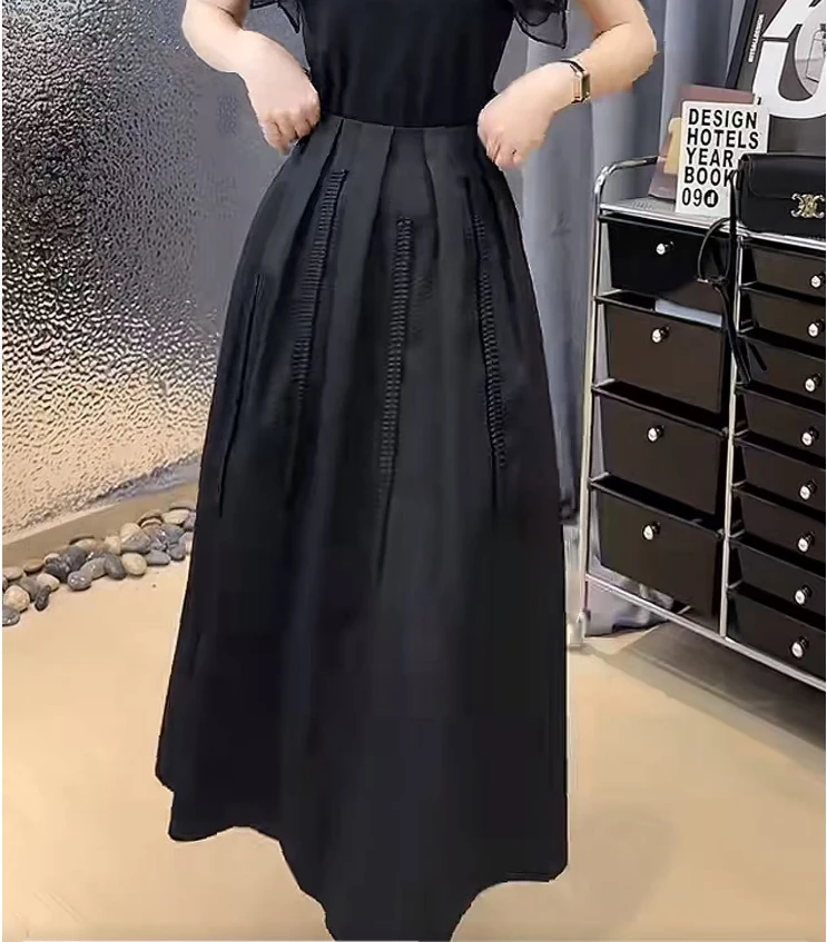 华姐定制--[HU01]法式夏日气质优雅减龄高腰压褶百搭A字半身裙女