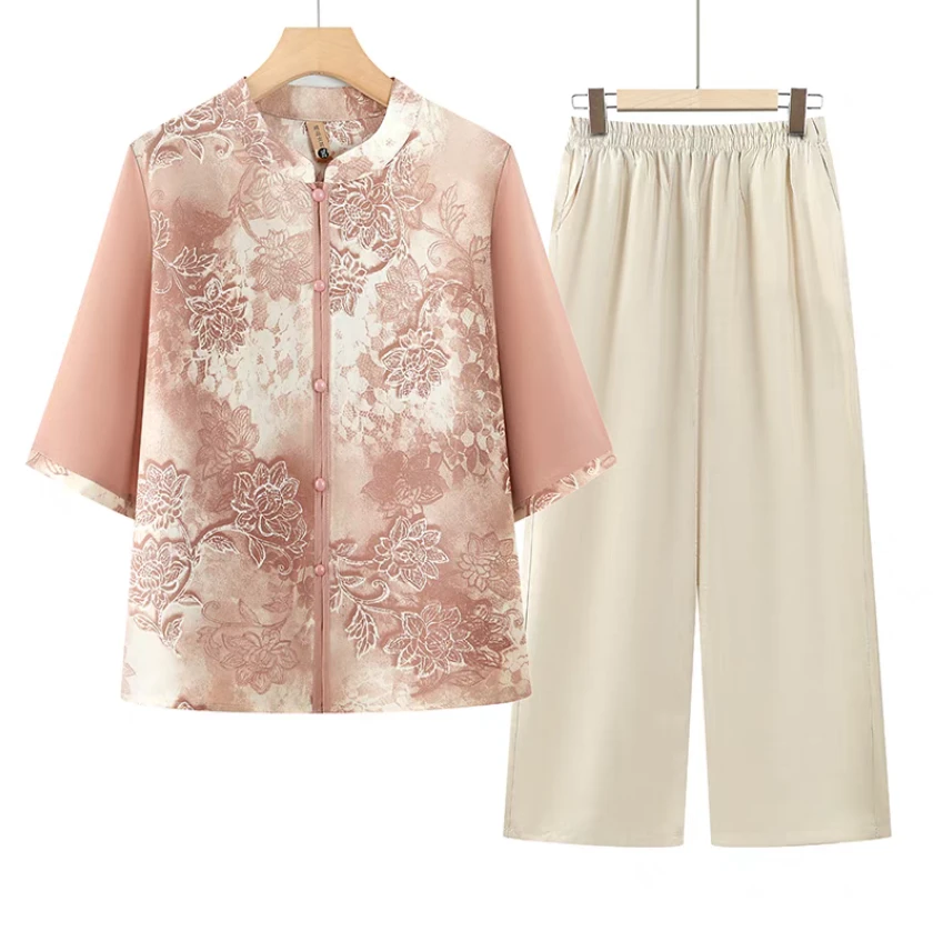 9231-夏季新款新中式国风中袖显气质开衫妈妈装套装（小雨）