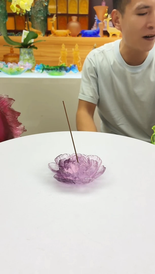 手工艺品琉璃粉紫色牡丹花线香插8.5公分