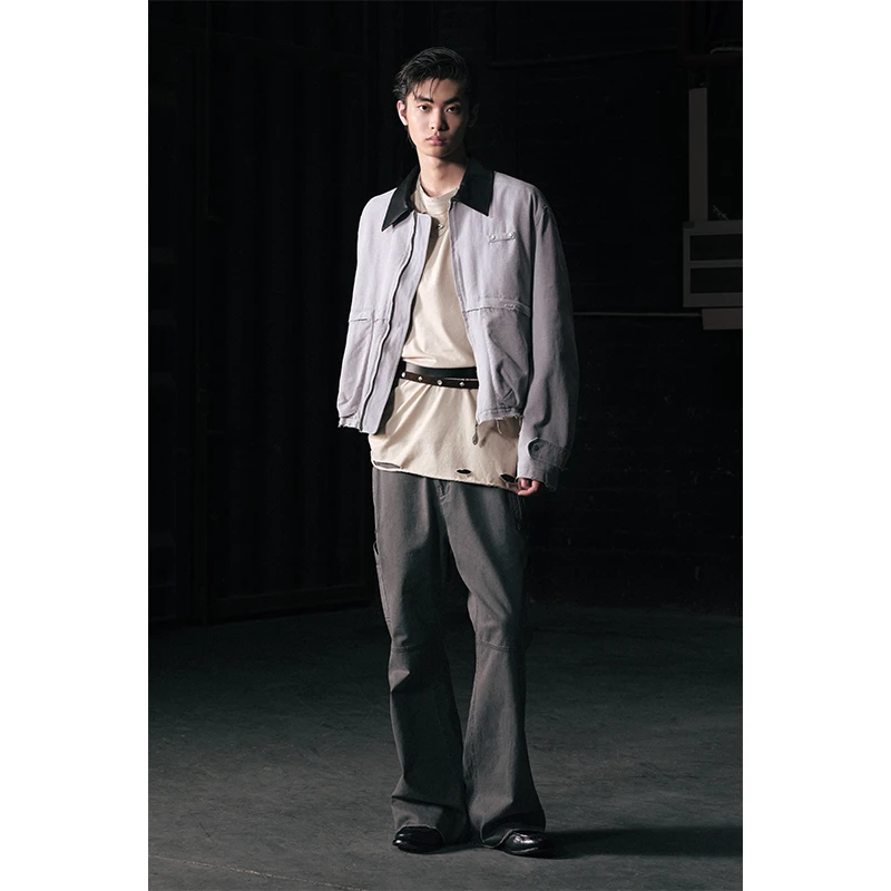 GOODBAI 916 撞色翻领磨毛拼接毛边拉链外套