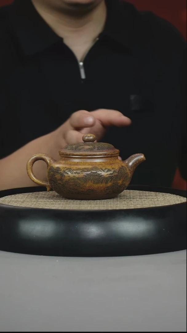 茶壶紫砂龙骨金砂 仿古 刻绘山水
