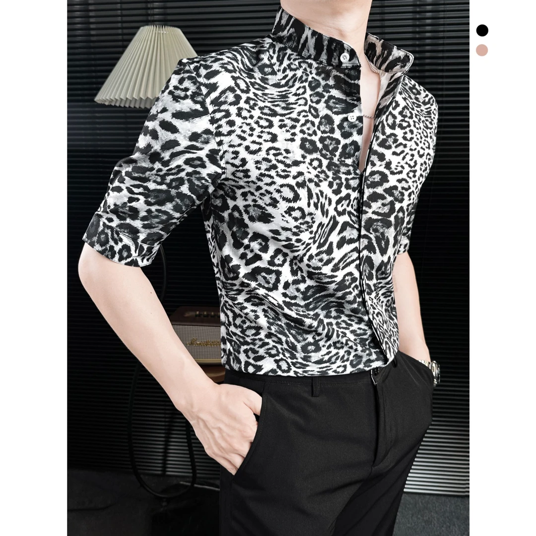 野性豹纹七分袖衬衫男2025网红独特潮款男装夏季立领印花男士衬衣