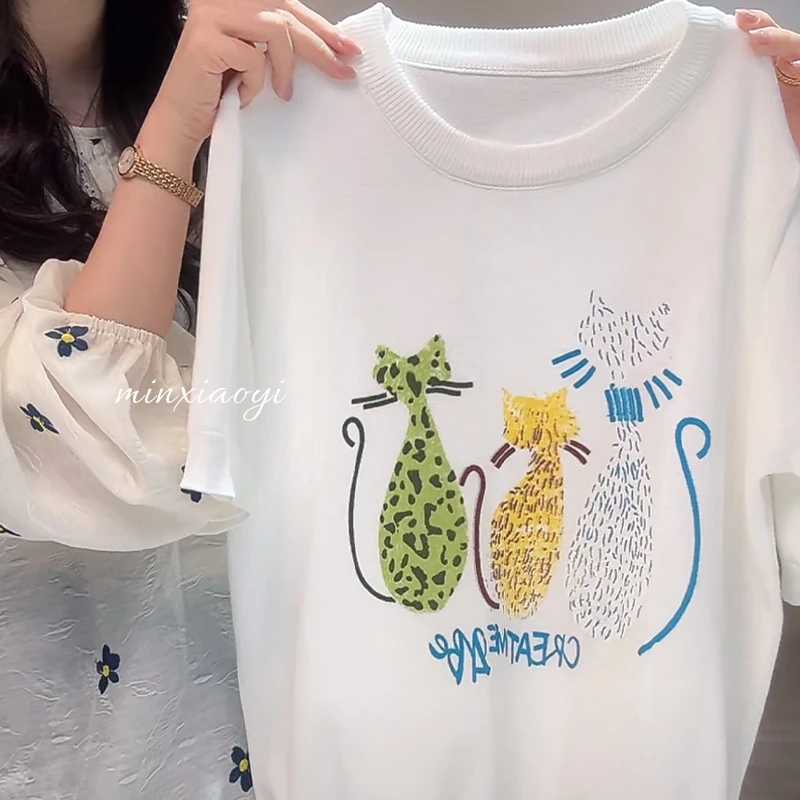 【闵笑一】猫咪茶会 夏季新款印花设计时尚百搭圆领短袖针织上衣