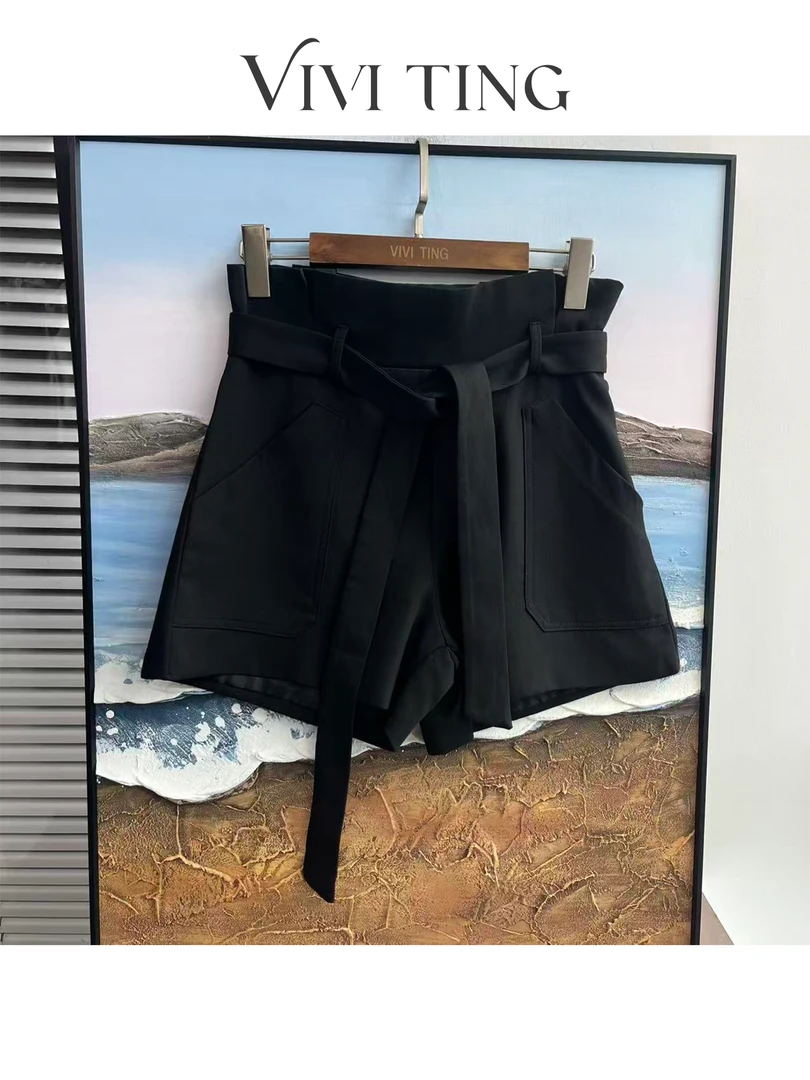 【VIVI·TING】婷姐推荐春秋通勤高腰口袋系带A版短裤F683