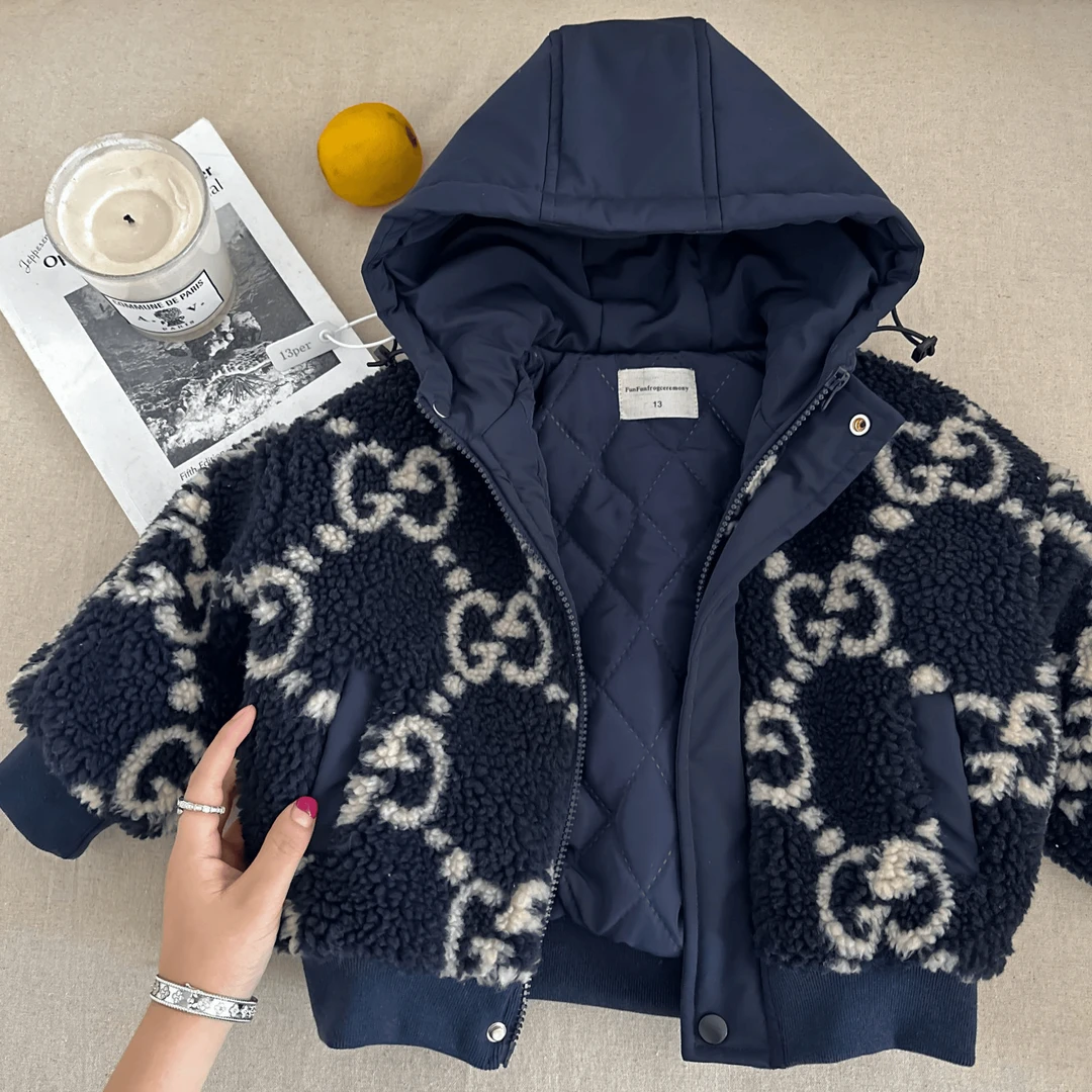 儿童毛毛衣2025秋冬童装男童潮牌字母夹棉外套宝宝小童连帽棉服