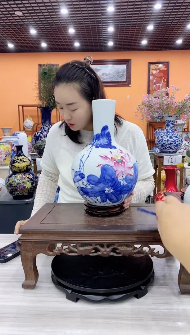 摆件陶瓷摆件荷韵天球瓶+旋转底座
