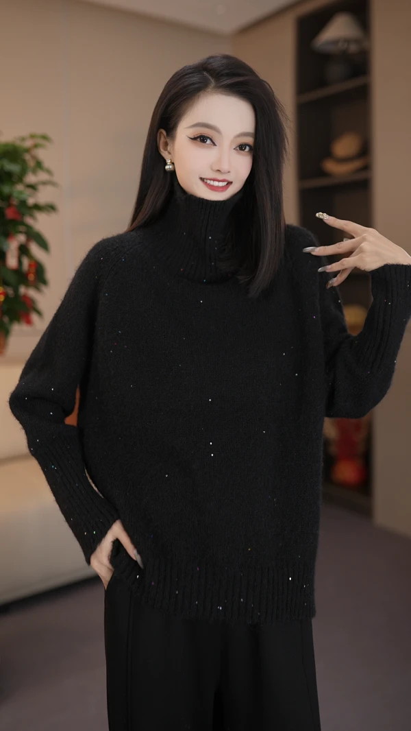 FAFA【冰岛星空】秋冬时尚显瘦气质百搭长袖针织亮片高领毛衣*