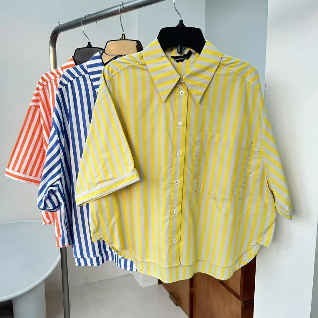 “夏日活力”欧洲单三色竖条纹宽版衬衫